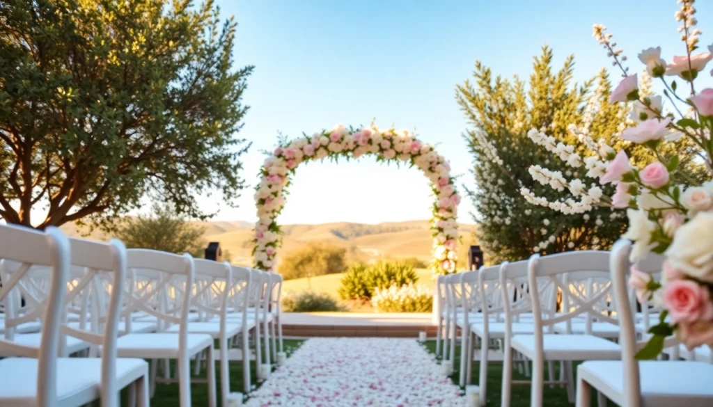 Experience a stunning Clarksburg Wedding Venues setup with a floral arch, inviting ambiance, and beautiful outdoor surroundings.
