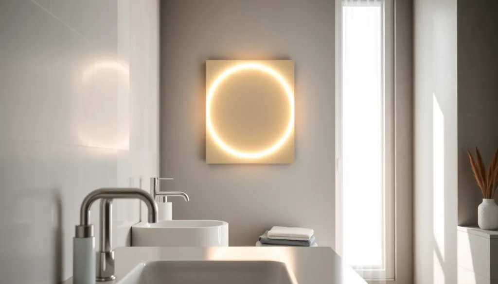Illuminated mirror light mirror enhancing a stylish bathroom design with modern decor.