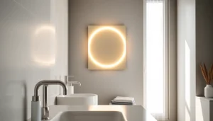 Illuminated mirror light mirror enhancing a stylish bathroom design with modern decor.