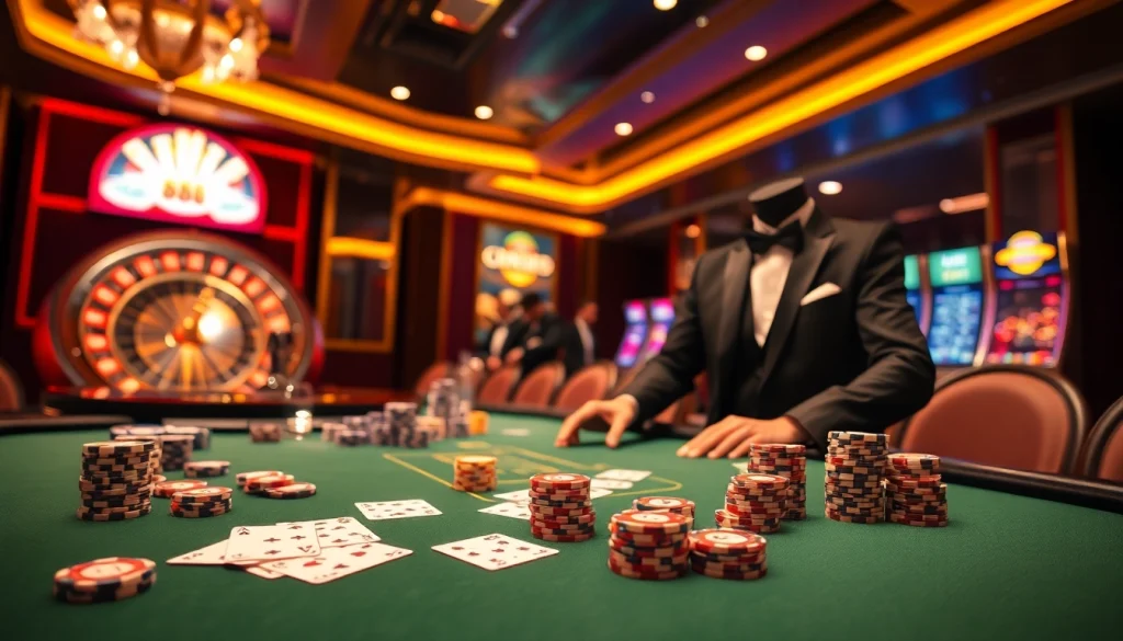 Exciting poker game at a luxury casino table featuring 88i themed chips and cards.