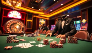 Exciting poker game at a luxury casino table featuring 88i themed chips and cards.