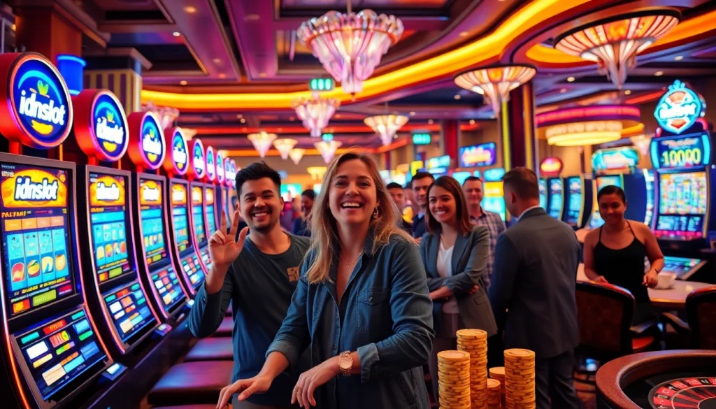 Excited players engage with colorful idnslot machines in a luxurious casino atmosphere.