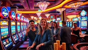 Excited players engage with colorful idnslot machines in a luxurious casino atmosphere.