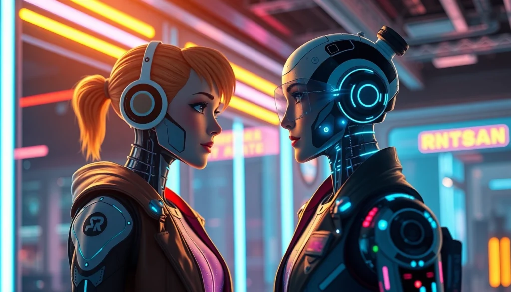 Interactive NSFW character AI in a vibrant, futuristic digital scene showcasing diverse humanoid AIs.