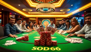 SODO66 casino table with poker chips, cards, and roulette wheel, showcasing an energetic gambling atmosphere.