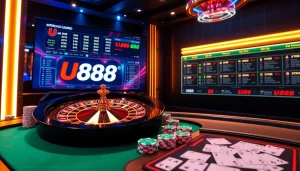 Experience the vibrant world of U888 online casino featuring luxury gaming tables and colorful chips.