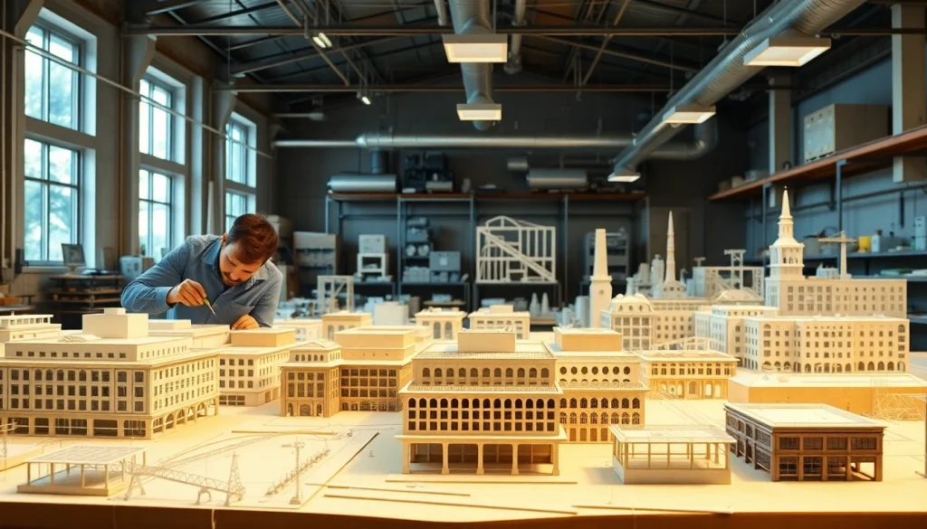 Architekturmodellbau Gelsenkirchen: Künstlerische Handwerker arbeiten an detaillierten Modellen.