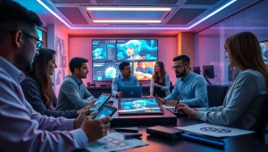 Futuristic digital workspace showcasing creators using AI NSFW tools for artistic collaboration.