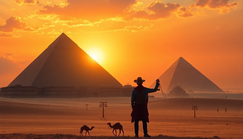 Explore piraminds of Giza illuminated at sunset, with an adventurous traveler in the foreground.