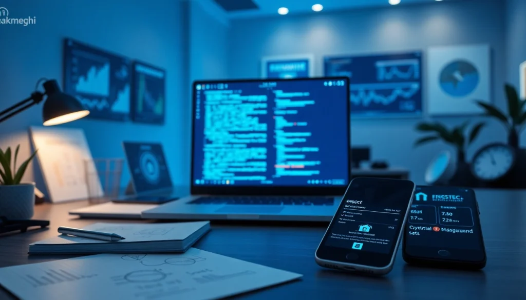 Infosec workspace with modern tech, financial charts, and coding for cybersecurity.