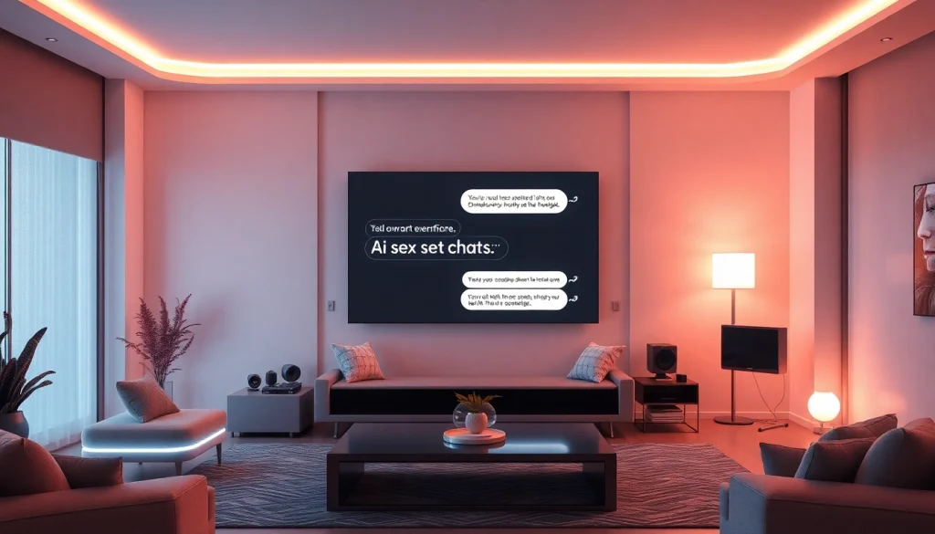 Engaging scene of ai sex chat interface in a modern living room, highlighting intimate digital conversations.
