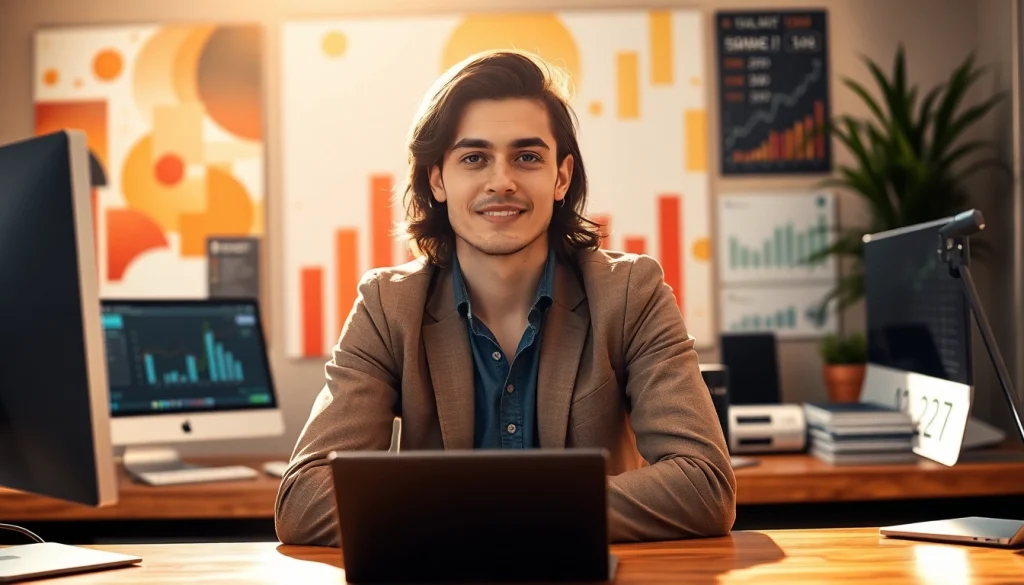 Capture the essence of baby face net worth 2023 with a young entrepreneur in a vibrant workspace.