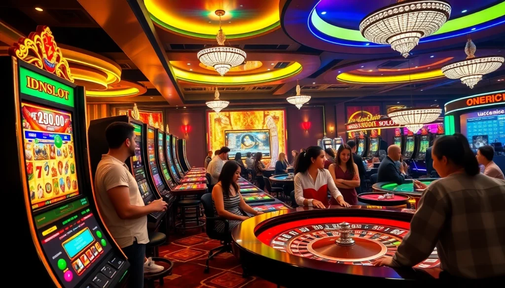 Play exciting games at idnslot with vibrant slot machines and engaged gamblers.
