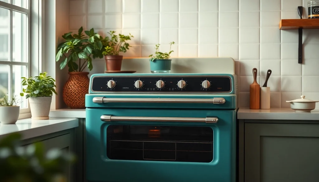 Retro Oven enhancing the modern kitchen ambiance with stylish details and warm lighting.
