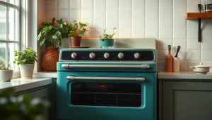 Retro Oven enhancing the modern kitchen ambiance with stylish details and warm lighting.