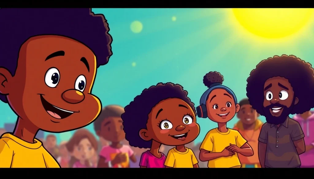 A colorful depiction of African American Cartoons featuring iconic characters like Huey and Riley and vibrant backgrounds.