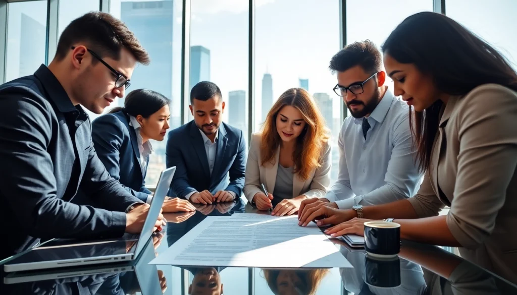 Teamwork in Contract Management with professionals discussing a contract in a bright office.