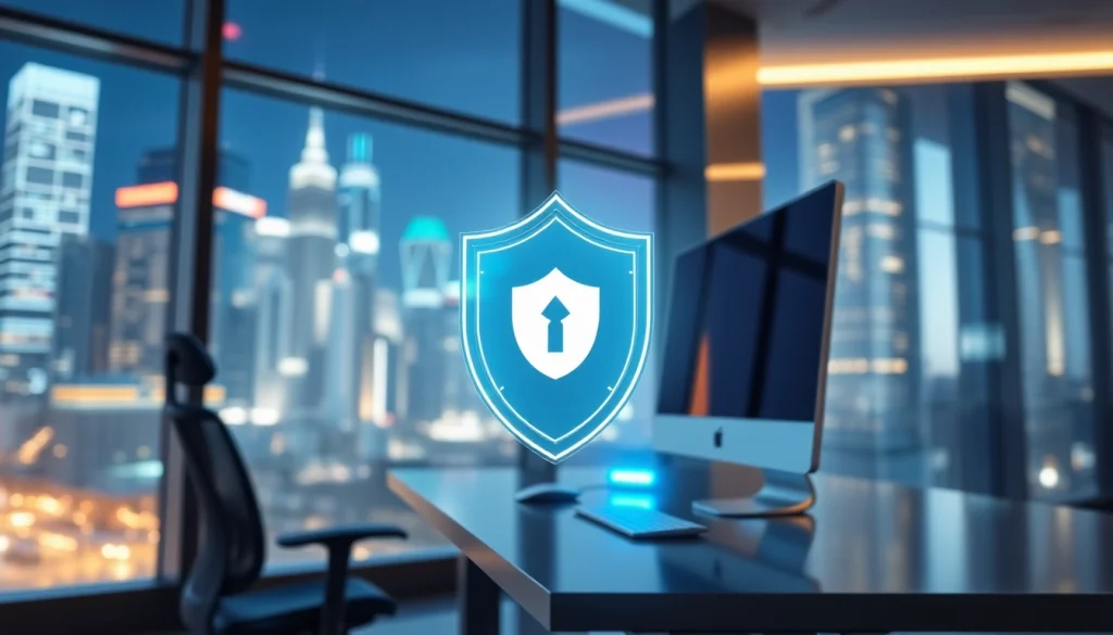 Suwerenność AI z nowoczesnym systemem zabezpieczeń w biurze przyszłości.