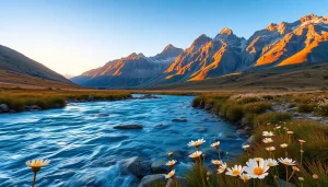 Serene landscapes featuring a tranquil mountain valley at sunrise with a flowing river.