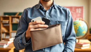 Handytasche Lehrer präsentiert elegant in einem Klassenzimmer mit modernen Unterrichtsmaterialien.