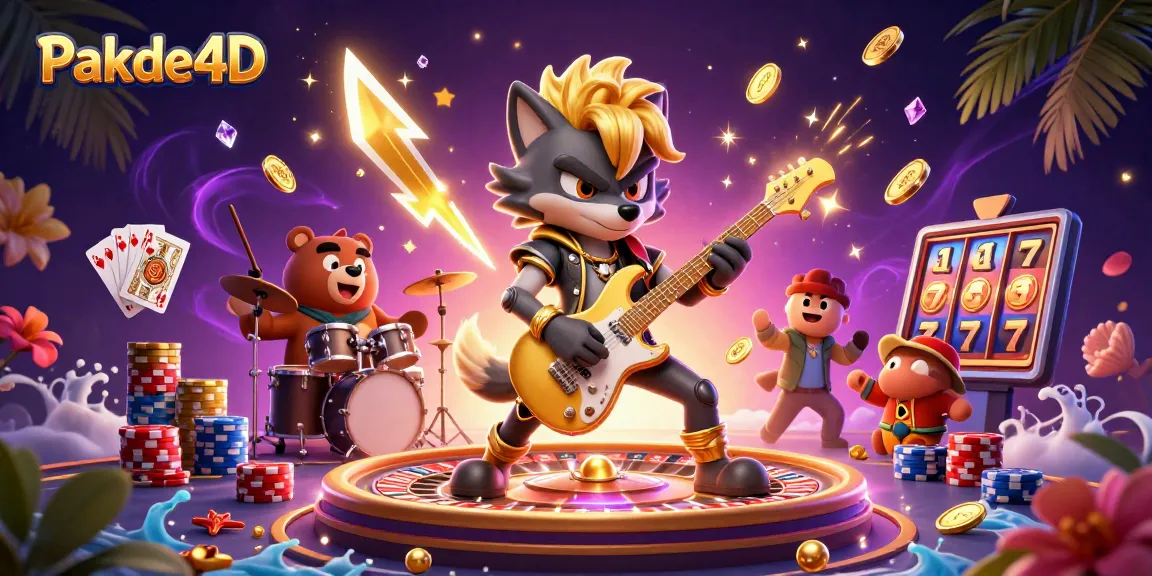 Pakde4D promotes thrilling gameplay with a vibrant casino scene featuring a rocker wolf and drummer bear.