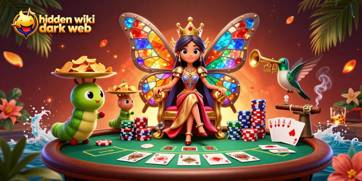 Engage with the hidden wiki dark web, featuring a butterfly queen amidst vibrant poker action.