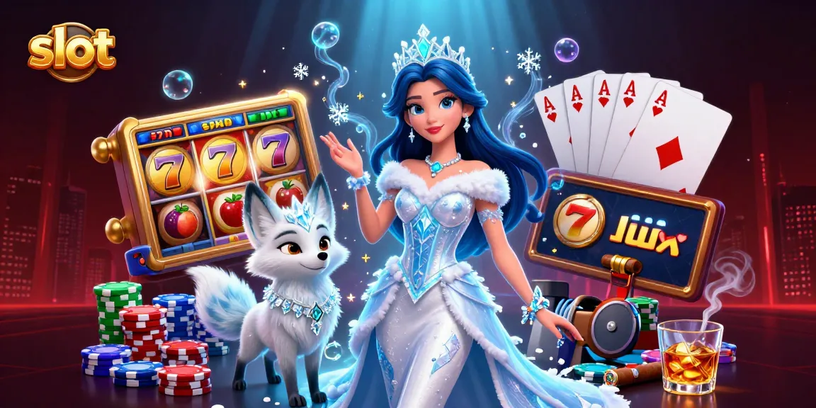 Spin the slot reels with stunning woman in ice queen gown and 3D arctic fox companion in a dynamic casino scene.