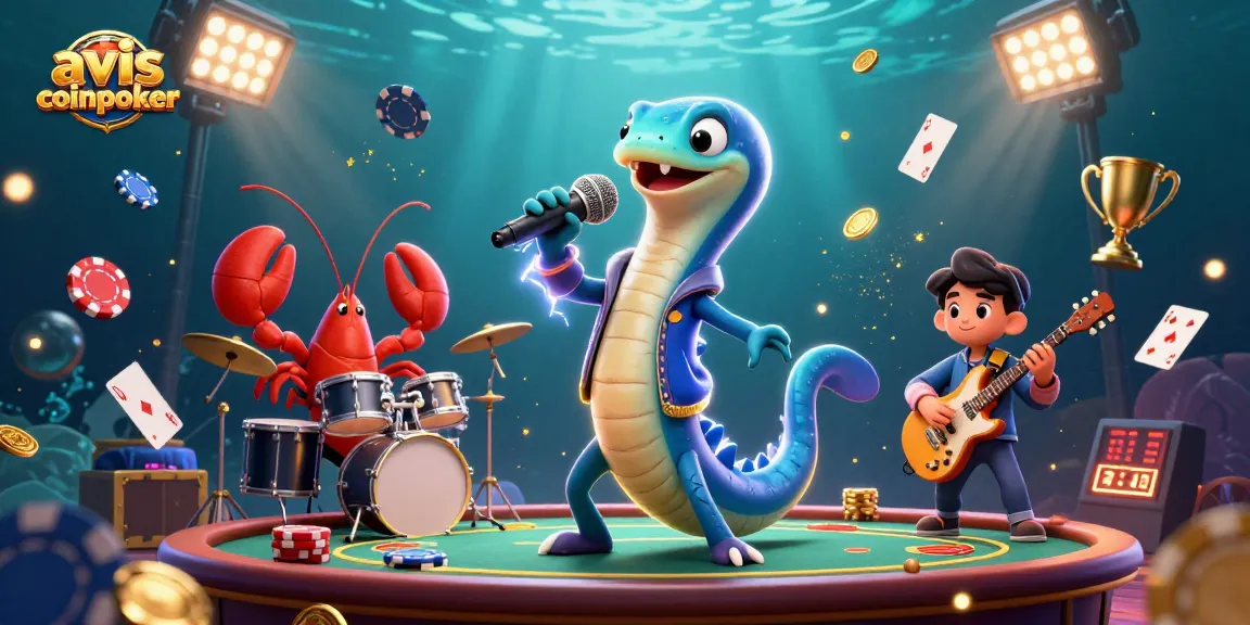 Découvrez les avis coinpoker lors d'une scène animée sur une scène de casino, avec des éléments de poker.