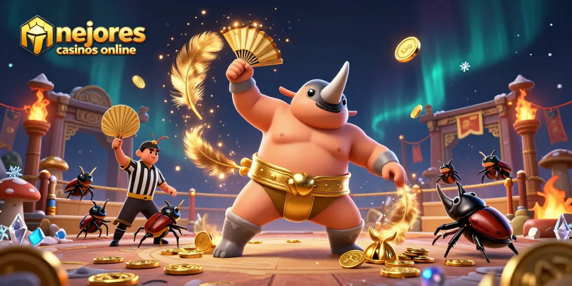 Mejores casinos online: rinoceronte sumo lanzando monedas doradas en un escenario vibrante.