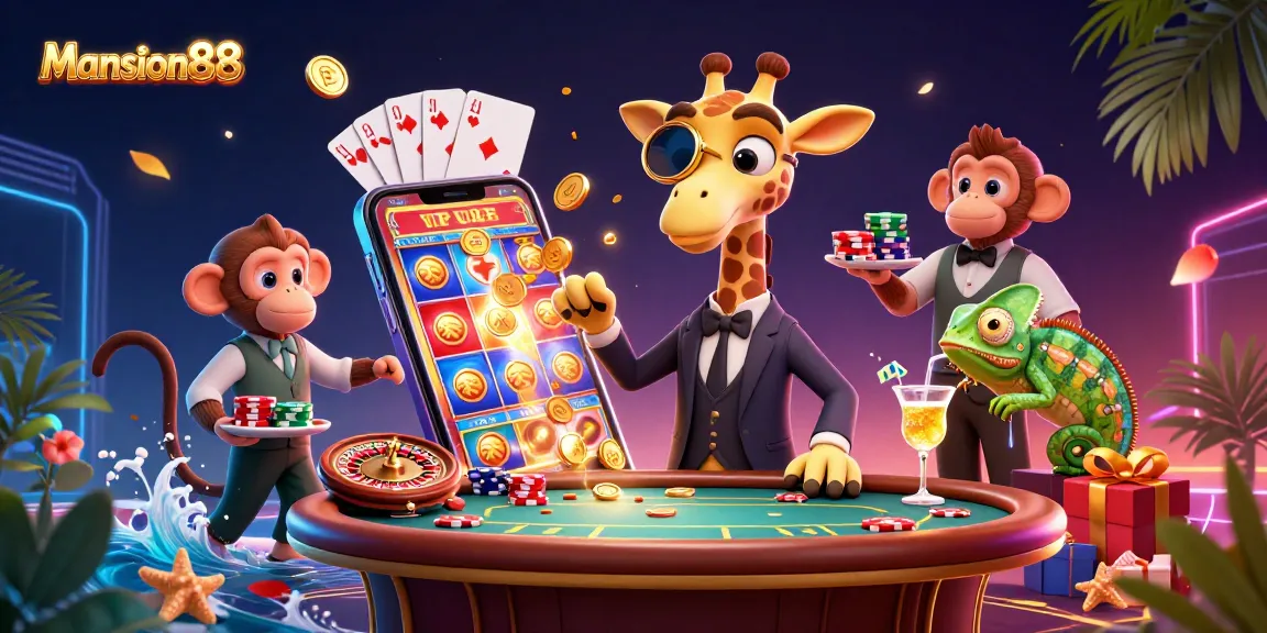 Mansion88 showcases gambling excitement with a giraffe high-roller and vibrant casino elements.