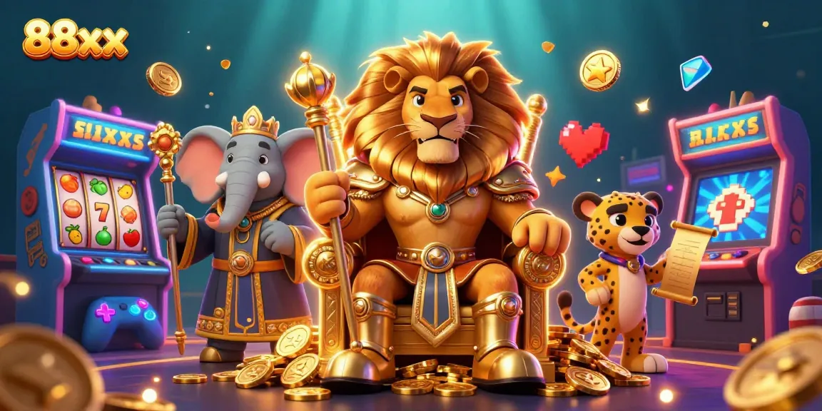 Engage in thrilling casino fun with 88xx featuring a regal lion and lucky slot elements.