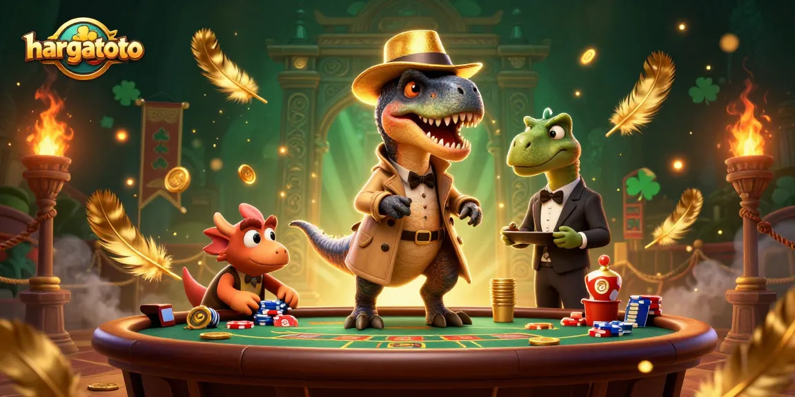 Experience hargatoto excitement with a velociraptor at a blackjack table amidst vibrant casino elements.