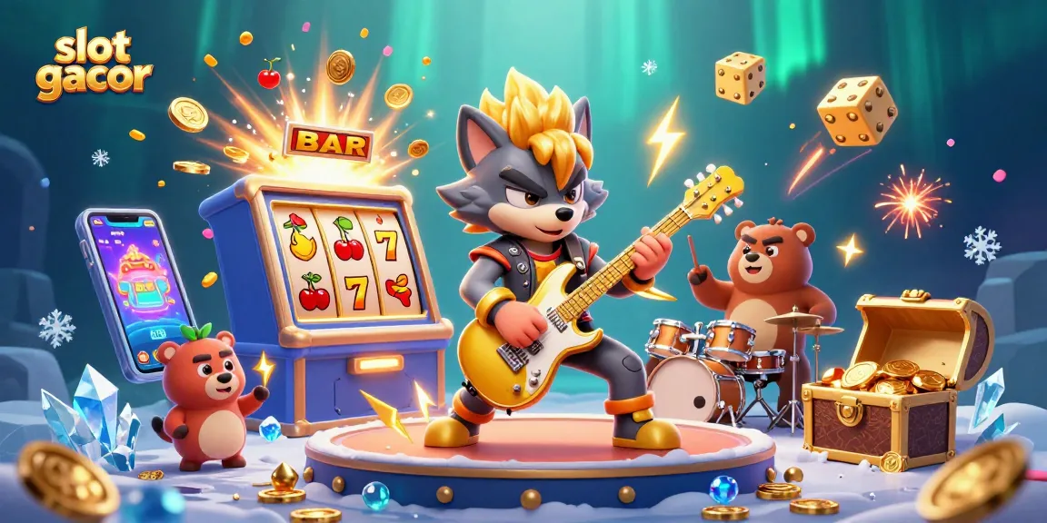 Watch the slot gacor scene unfold with a rock star wolf and drummer bear amidst a jackpot explosion